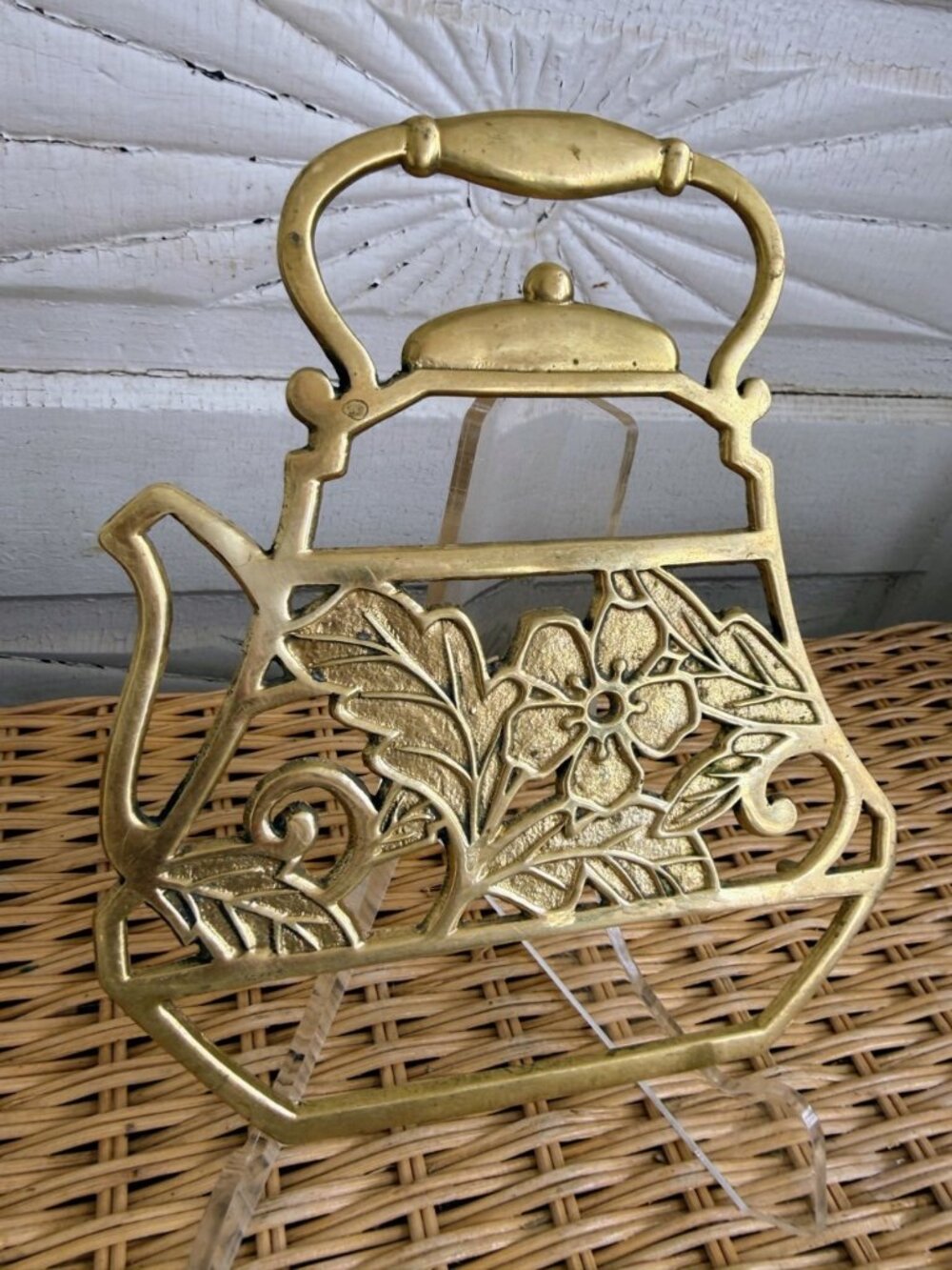 Vintage 70s Brass Trivet Hot Plate Floral Teapot Shaped Kitchen Decor - Picture 2 of 6
